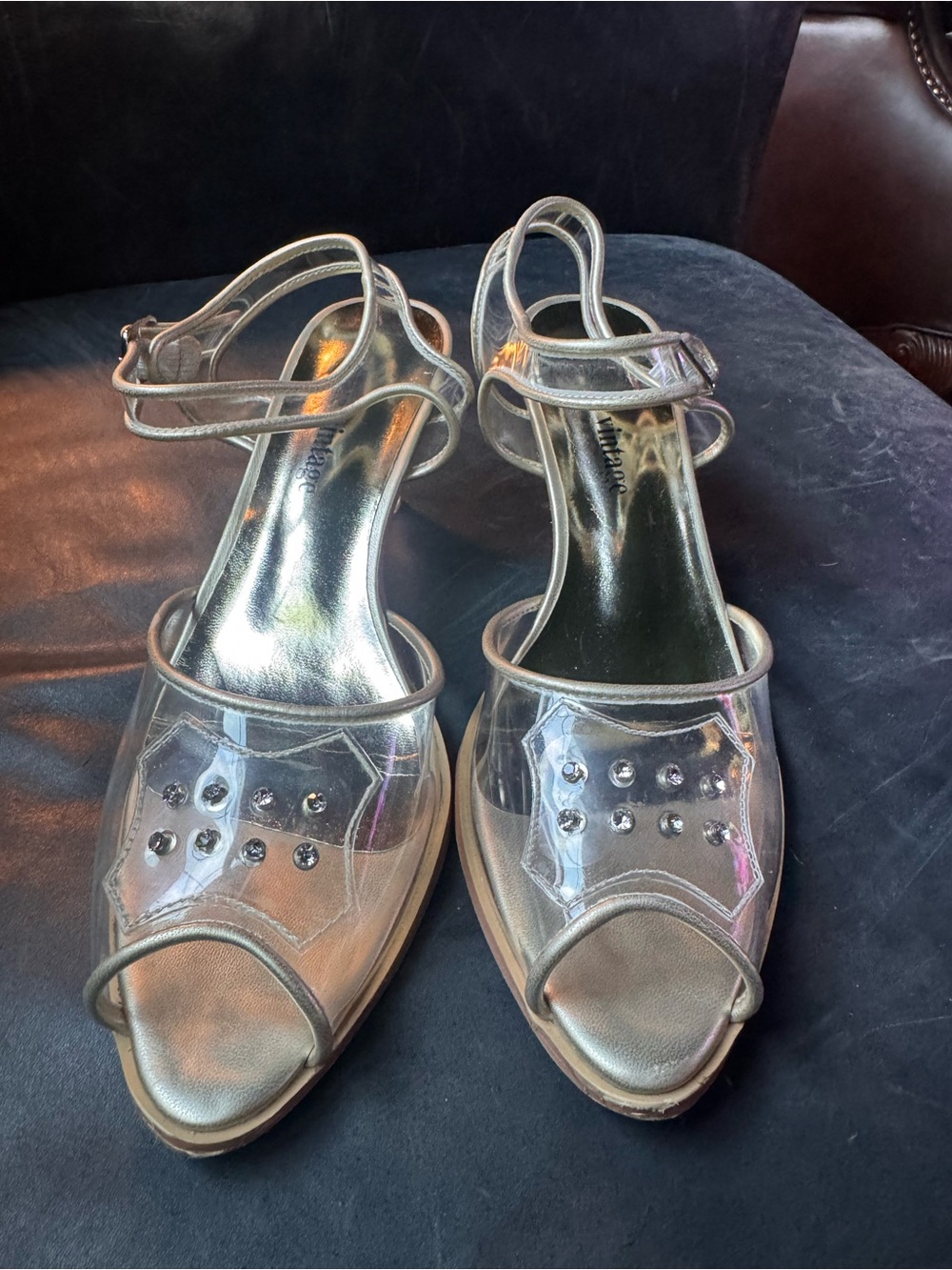 Lucite Heel Clear Strap Gold Accent Women’s Sandals with Rhinestones
